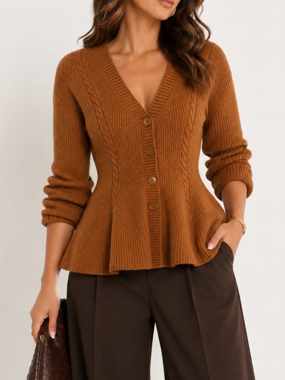 Steve Madden Burnt Orange Cable Knit Button Peplum Cardigan